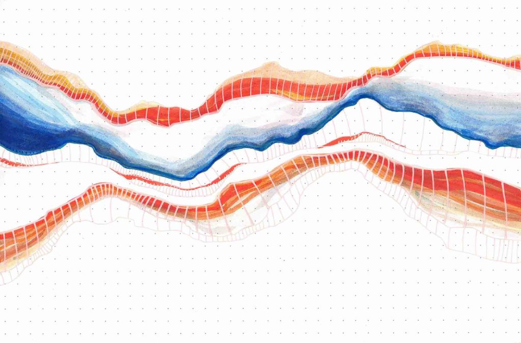 Sample 017 of an art therapy drawing practice used for self-care at the time of the Covid19 pandemic. It includes wavy orange, blue and grey lines on dotted paper