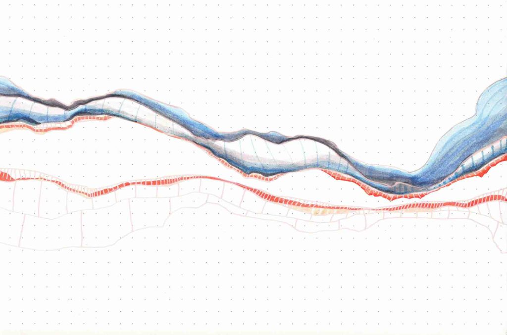 Sample 018 of an art therapy drawing practice used for self-care at the time of the Covid19 pandemic. It includes wavy orange, blue and grey lines on dotted paper