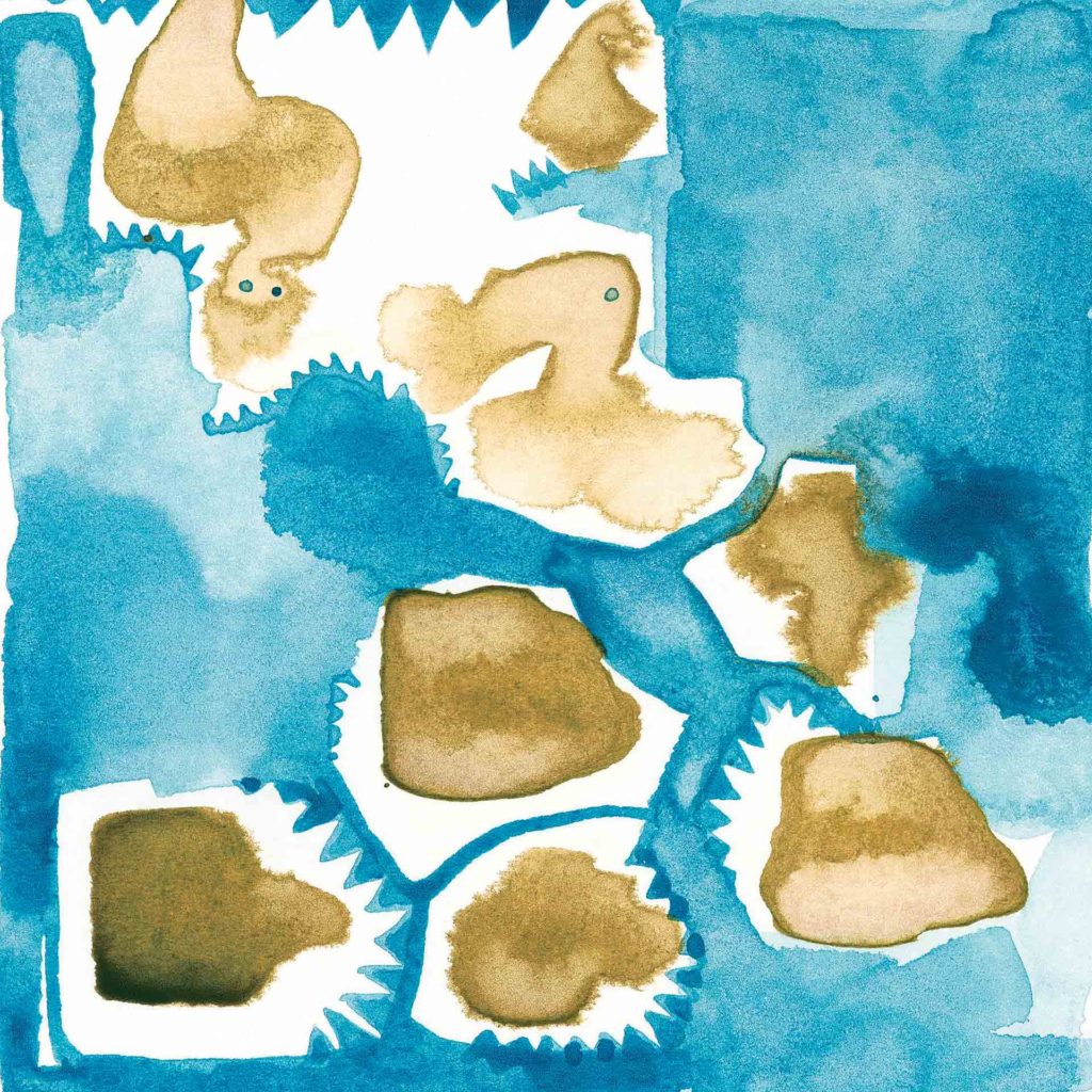 Together, What Connects Us? A Self-Care Practice. Square blue and brown abstract watercolor with added gold leaf. This image is part of a series Barincou created for her own self-care after attending the emotions of healthcare professionals and oncology patients.