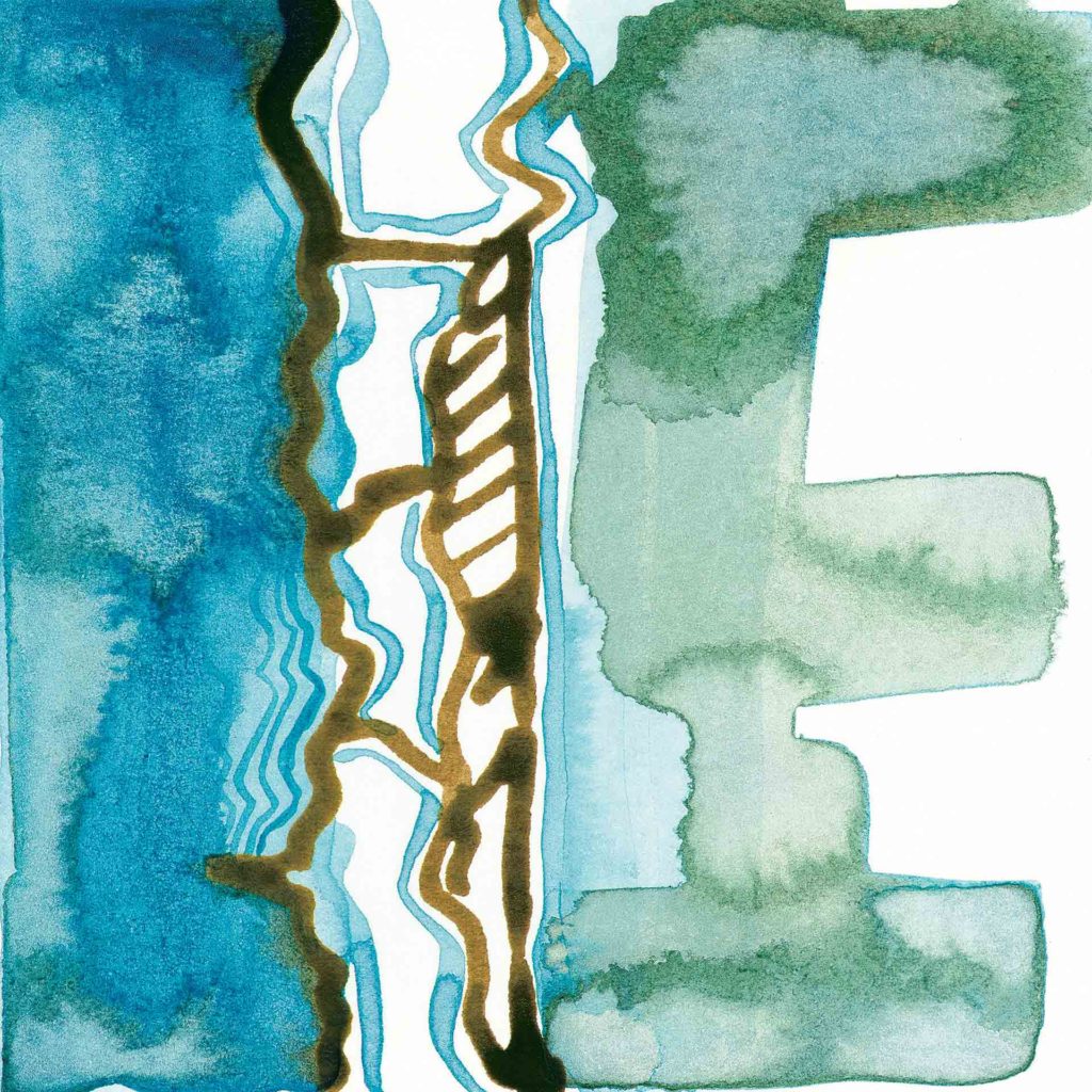 Together, What Connects Us? A Self-Care Practice. Square blue and brown abstract watercolor with added gold leaf. This image is part of a series Barincou created for her own self-care after attending the emotions of healthcare professionals and oncology patients.