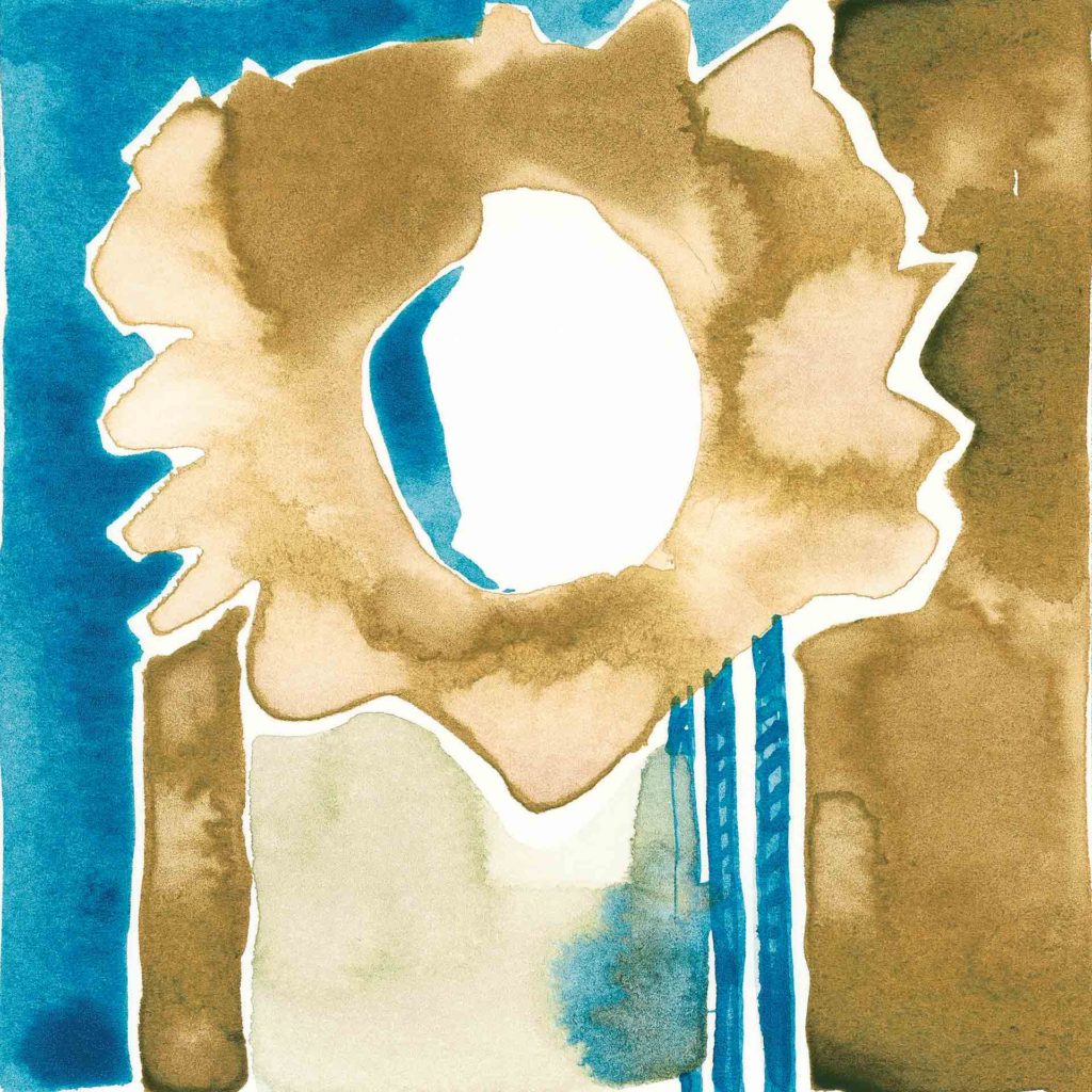 Together, What Connects Us? A Self-Care Practice. Square blue and brown abstract watercolor with added gold leaf. This image is part of a series Barincou created for her own self-care after attending the emotions of healthcare professionals and oncology patients.