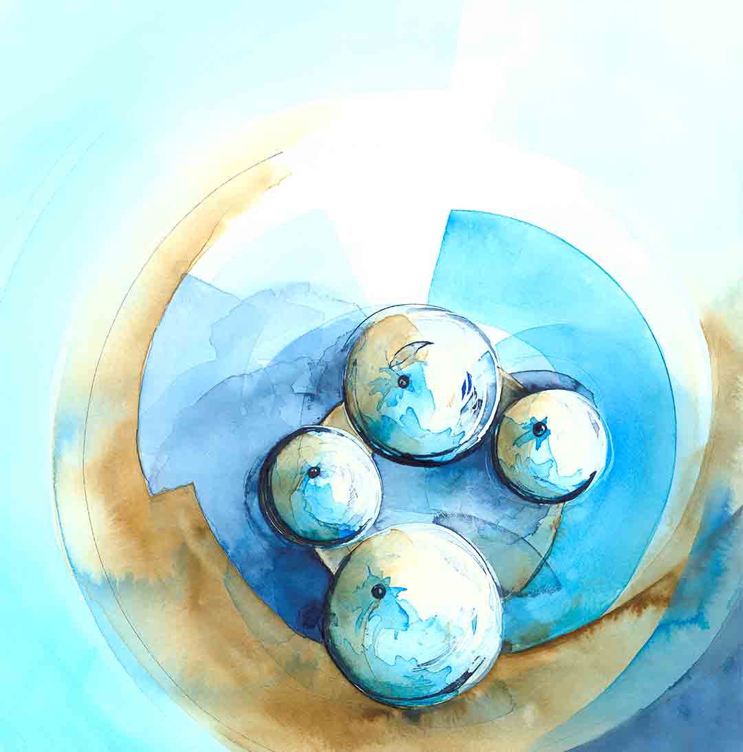 Fruits in a circular shape container painted on 100% cotton paper with acrylic ink in blue and brown tones. This painting is part of the 2021 Arts in Health project Marie Barincou was commissioned to create for the oncology ward by the Canberra Hospital