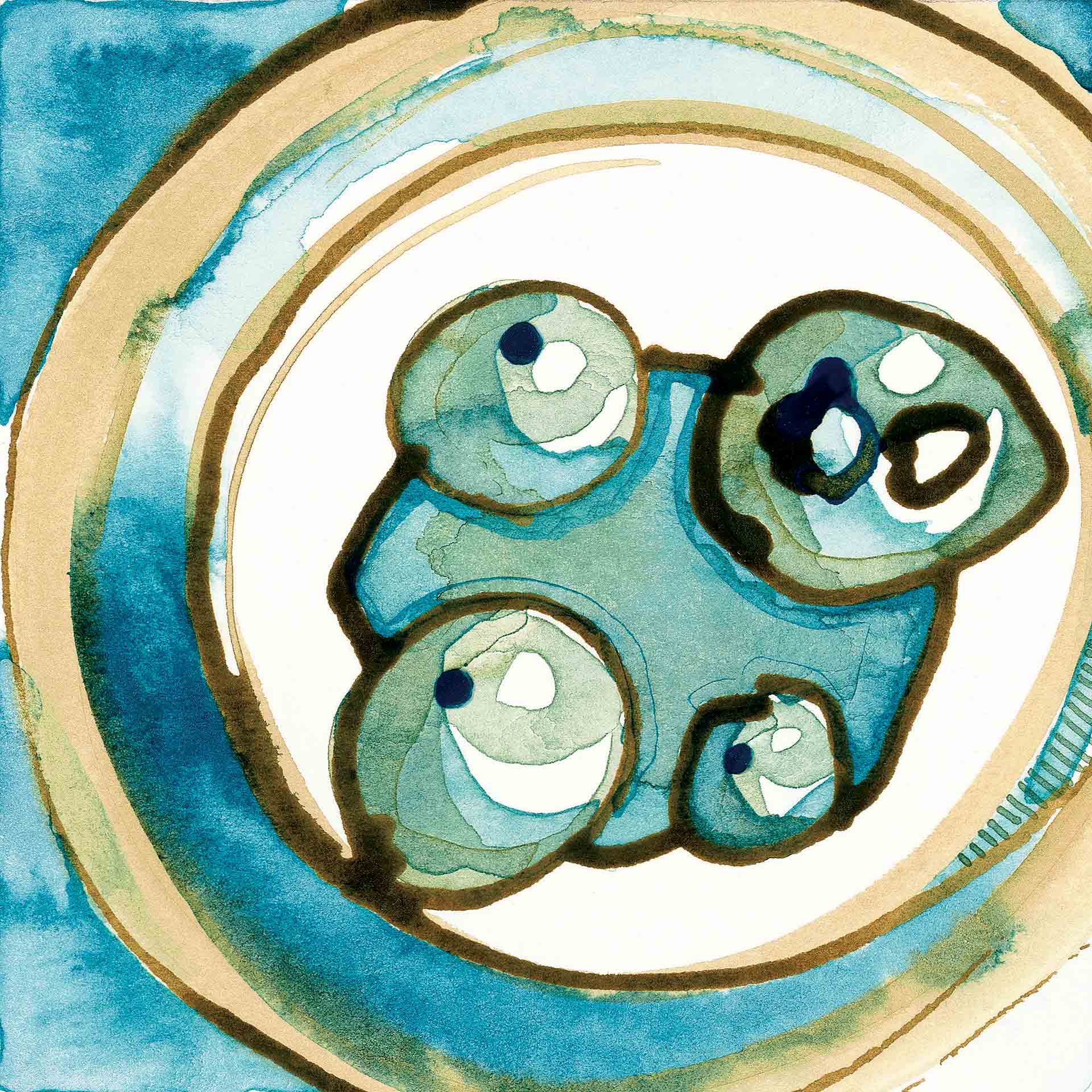 Together, What Connects Us? A Self-Care Practice. Square blue and brown abstract watercolor with added gold leaf. This image is part of a series Barincou created for her own self-care after attending the emotions of healthcare professionals and oncology patients.