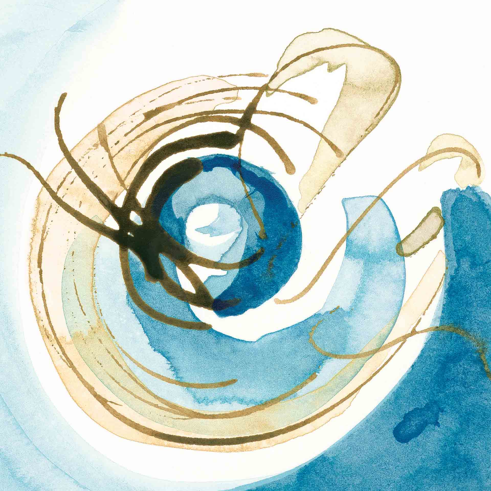 Together, What Connects Us? A Self-Care Practice. Square blue and brown abstract watercolor with added gold leaf. This image is part of a series Barincou created for her own self-care after attending the emotions of healthcare professionals and oncology patients.