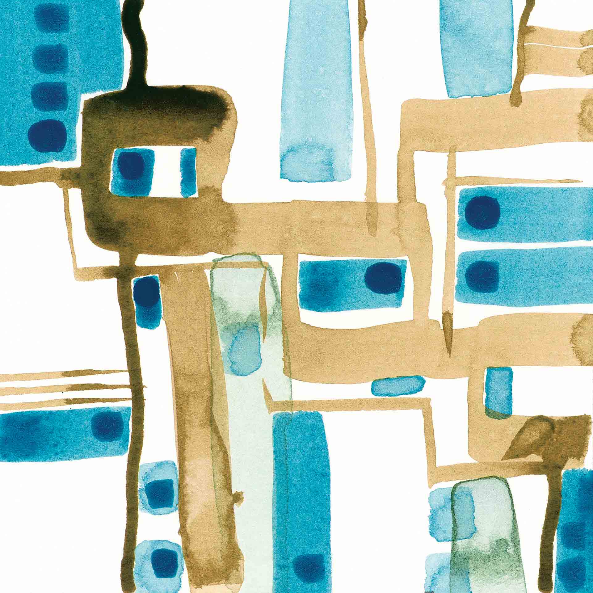 Together, What Connects Us? A Self-Care Practice. Square blue and brown abstract watercolor with added gold leaf. This image is part of series Barincou painted for her own self-care after attending the emotions of healthcare workers and oncology patients.