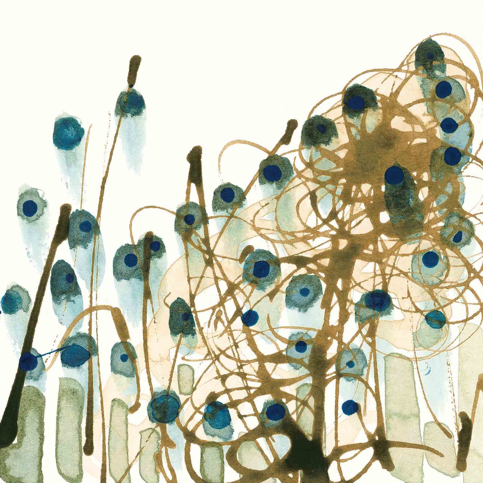 Together, What Connects Us? A Self-Care Practice. Square blue and brown abstract watercolor with added gold leaf. This image is part of series Barincou painted for her own self-care after attending the emotions of healthcare workers and oncology patients.